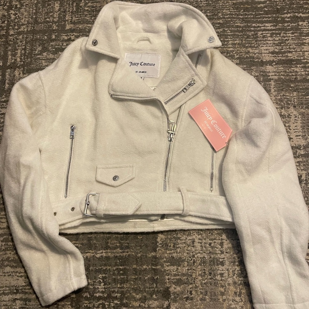 Juicy Couture Belted Collared Biker Jacket White Full Zip Pockets Women M